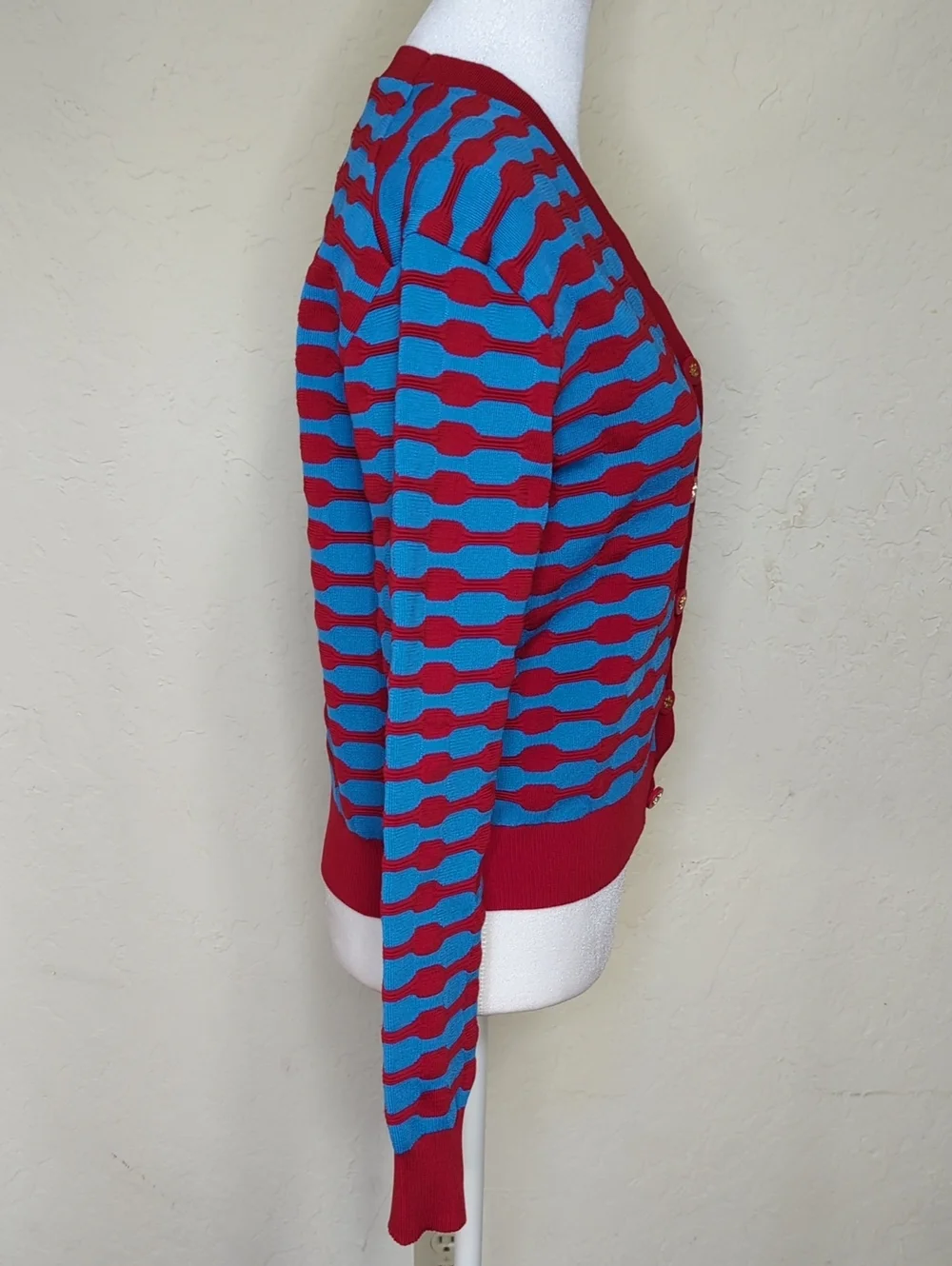 LIKE NEW Tory Burch Red & Blue Bubble Stripe Long Sleeve Cardigan Size XS